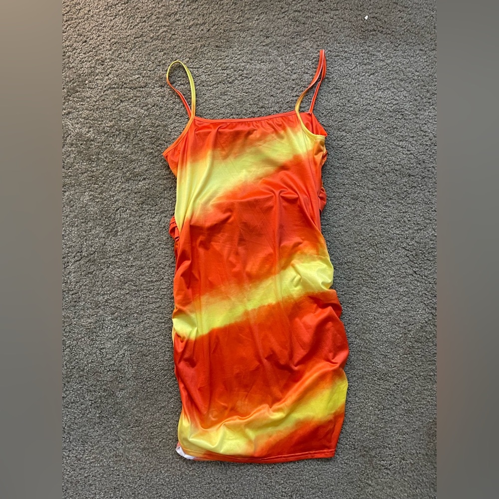 L orange, and yellow summer dress with back cut outs